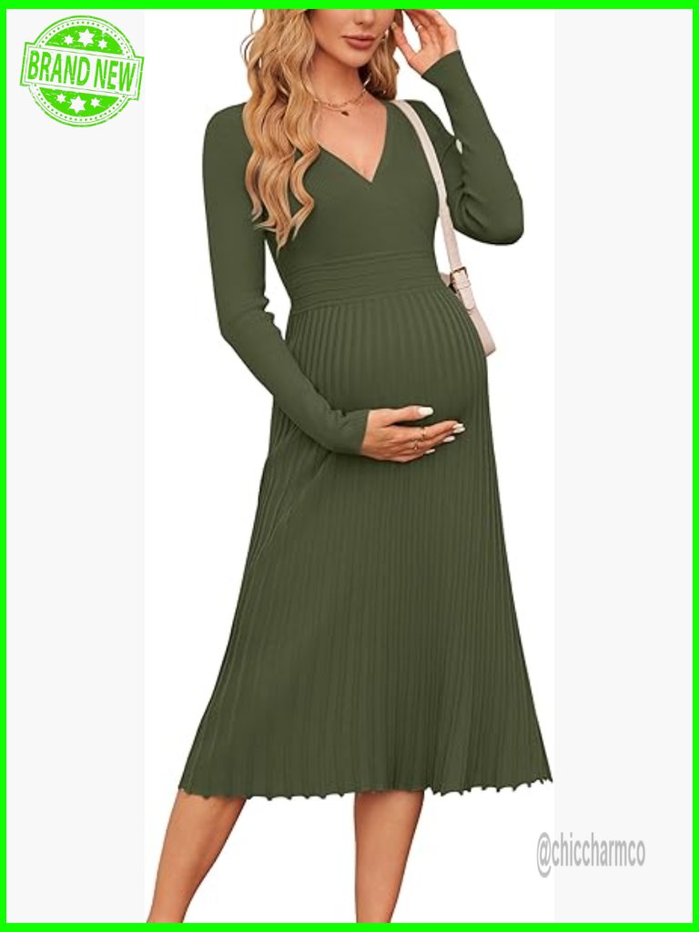 Maternity Wrap V-Neck Pleated A-Line Midi Dress Long Sleeve Sweater